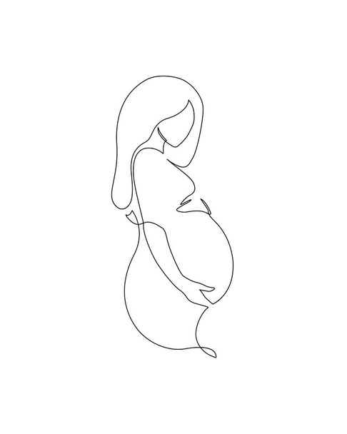 El embarazo y la maternidad arte concepto moderno. Dibujo de línea continua mujer embarazada hermosa abstracta. Joven mamá sosteniendo su vientre embarazada. Ilustración dibujada a mano para el Día de la Mujer Feliz o de la Madre. - Vector, imagen