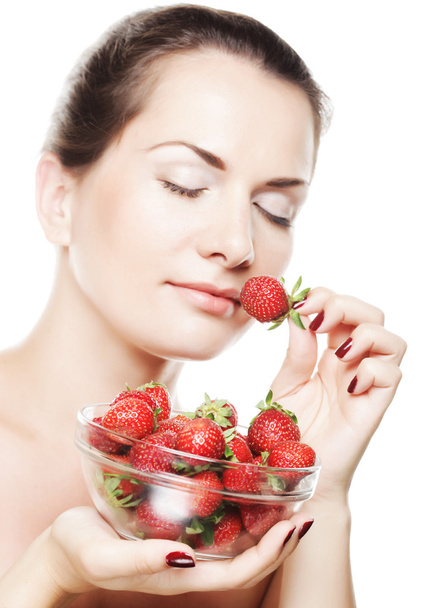 happy woman with strawberry - Фото, изображение