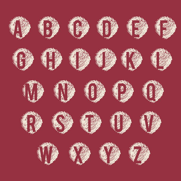 赤ワイン色の手描きの背景にセットされたベージュのアルファベット記号 - ベクター画像