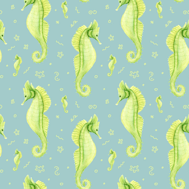 Sea Horse. Watercolor seamless pattern with sea horse on blue background. Underwater world. Design for fabric and stationery. Wild sea life. - Photo, image