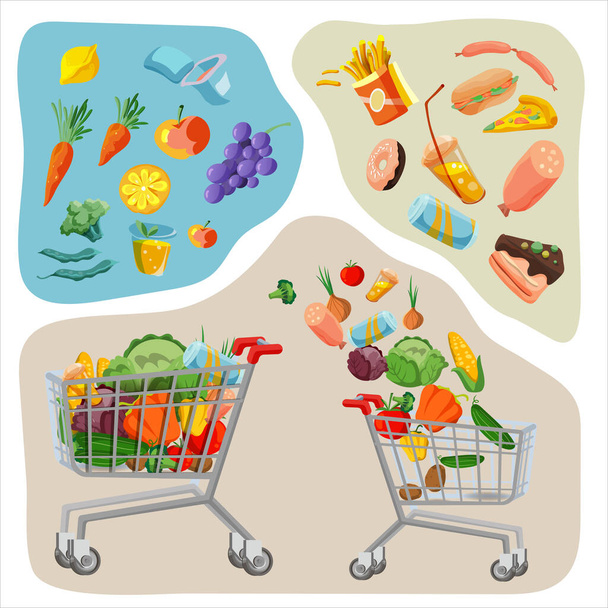 Grocery shopping cart. Full supermarket food basket healthy and unhealthy food concept vector illustration, shop cart with groceries goods isolated - Vector, Image
