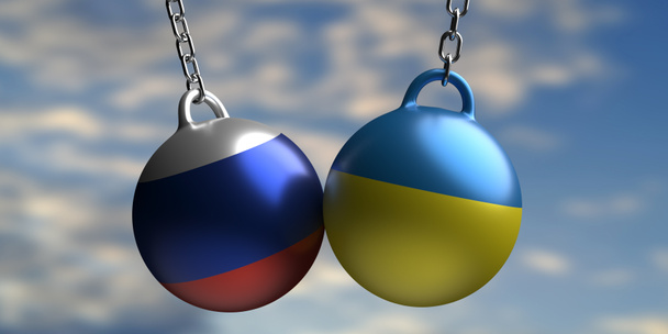Росія - Україна. Російський та український прапори розбивають м'яч на синьому хмарному тлі неба, руйнують і руйнують. 3d рендеринг - Фото, зображення