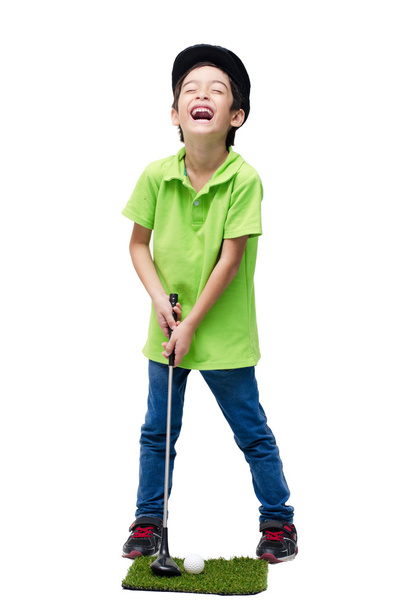 Little boy taking golf  club on white background - Фото, изображение