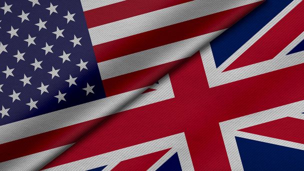 Representación 3D de dos banderas de Estados Unidos de América y Reino Unido o Gran Bretaña junto con textura de tejido, relaciones bilaterales, paz y conflicto entre países, ideal para antecedentes - Foto, imagen