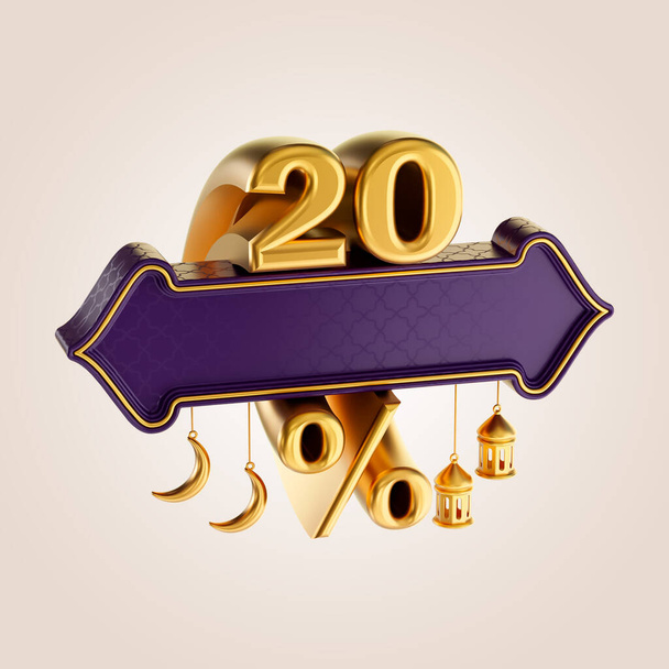 20 процентов скидка Рамадан и баннер продажи этикетки знак с золотой луны и фонаря 3D рендеринга - Фото, изображение