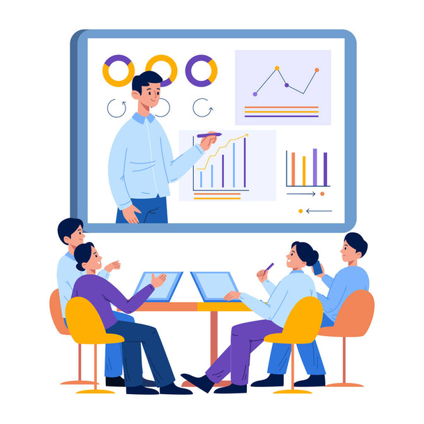 Online business training, business coach distance conference. E-learning, online teamwork presentation vector illustration. Video conference concept - Vector, Image
