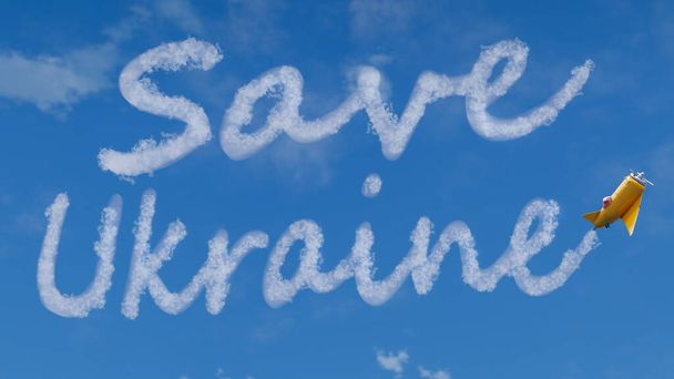 3D-Darstellung eines kleinen Flugzeugs mit der Aufschrift Save Ukraine sign in the sky. Konzept des Krieges in der Ukraine, russische Aggression, Invasion, Konflikt, Hilfe von EU und USA. - Foto, Bild