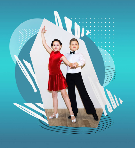 The young boy and girl posing at dance studio on abstract art design. The ballroom dancing concept - Photo, Image