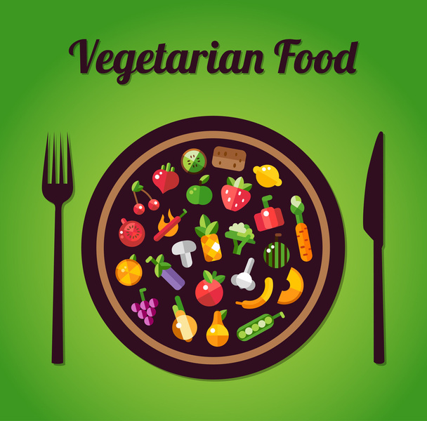 Illustration of flat design fruits and vegetables icons composit - Vektor, Bild