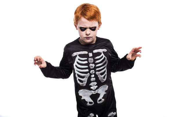 Portrait of little boy wearing halloween costume on white background - Photo, Image