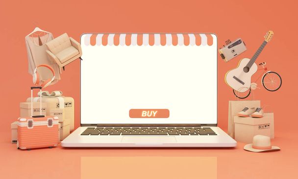 Online shopping website mobile application digital marketing store on screen laptop notebook showcase display It consists of product boxes, clothes, shoes, furniture, gadgets and gift boxes. 3d rendering - Fotoğraf, Görsel