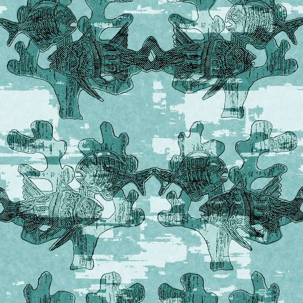  Aegean teal fish linen wash coastal background. Summer rustic beach cottage style fabric swatches. Under the sea life tropical fishes material. 2 tone turquoise batik textile seamless pattern. - Foto, afbeelding
