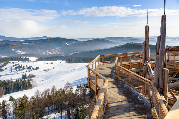 Beskid Dağı kış manzarası Polonya 'nın Krinica Zdroj kentindeki Slotwiny Arena kayak istasyonundaki ağaç tepesi gözlem kulesinin ahşap yolundan görülüyor. - Fotoğraf, Görsel