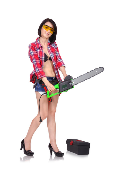 girl with green chainsaw - Foto, Imagen