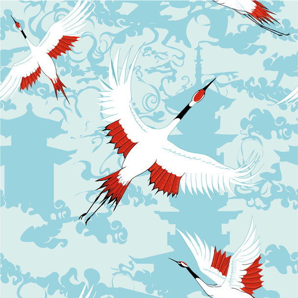 Stork oriental seamless patter. - Vector, Imagen