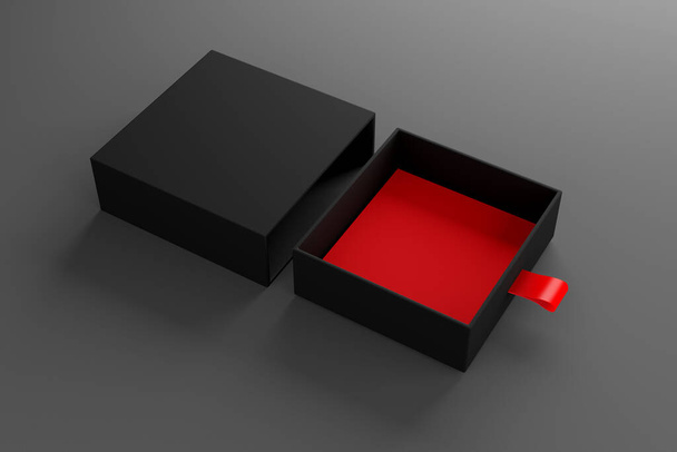 Картонный раздвижной ящик с лентой тянуть на сером фоне - 3D иллюстрация - Фото, изображение