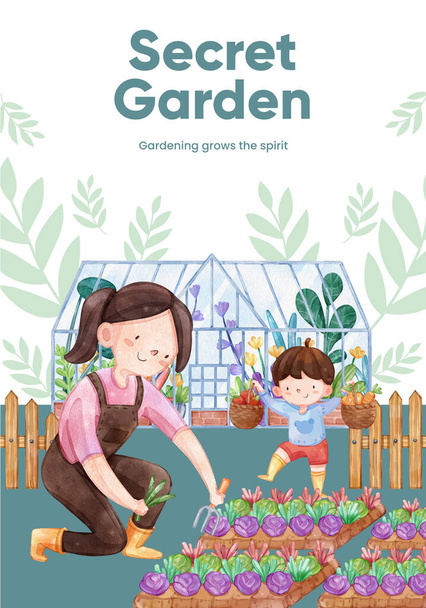 Plantilla de póster con concepto de hogar de jardinería, estilo acuarela - Vector, imagen