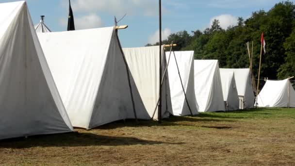 Biały blok namioty - ziemi - Las (drzewa) - obóz - słoneczny - Materiał filmowy, wideo