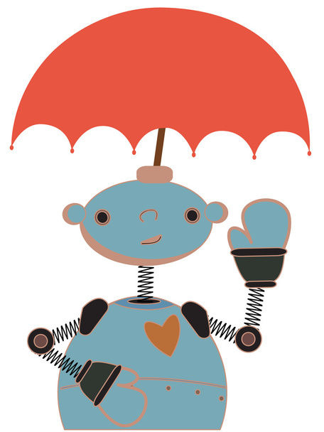 Cute Robot with Umbrella attached to head waving - Vector, Image
