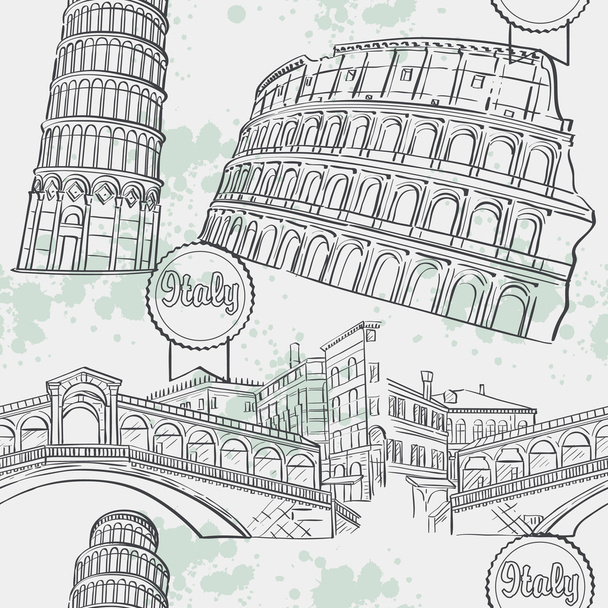 Saumaton rakenne kuvan arhitekturi Italia. Colosseum, Ri-Alton silta, Pisan torni
. - Vektori, kuva