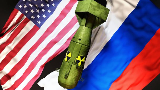 США і Росія ядерна війна, конфлікт і криза. Національні прапори і атомна бомба з радіоактивним логотипом символізують ядерну загрозу і можливу ескалацію. - Фото, зображення