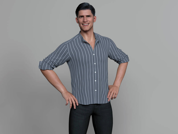 3D Render : Portrait of a smiling young handsome man wearing casual shirt in the studio background, relaxation - Photo, Image