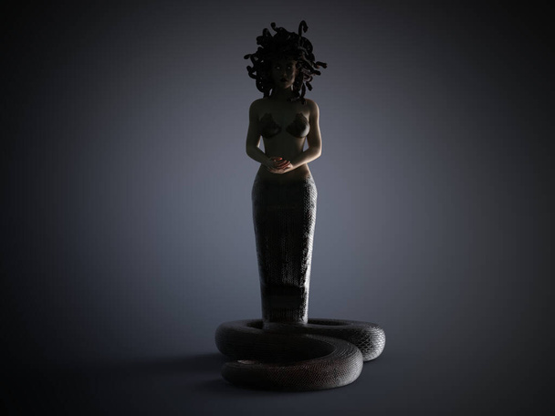 3D Render: Medusa, personaje de Gorgon de la mitología griega. Un personaje femenino de la mitología griega que tiene un cuerpo de serpiente para la parte inferior de su cuerpo, retroiluminado - Foto, imagen
