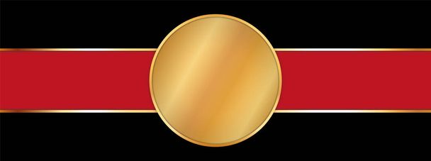 red colored ribbon banner with round banner with gold frame on black background - Vektori, kuva