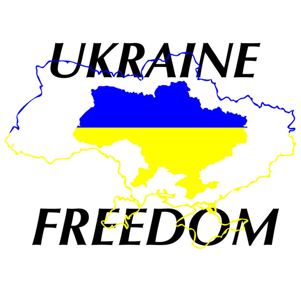 Векторная иллюстрация карты Украины, окрашенной в синий и желтый цвета флага, расположенного внутри контурной карты Украины с надписью "Украина Свобода"  - Вектор,изображение