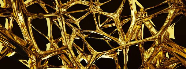 Fundo abstrato com superfície de forma biônica dourada, renderização 3d, imagem panorâmica - Foto, Imagem