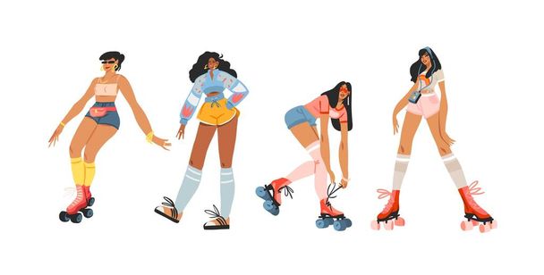 Современные графические иллюстрации персонажи набор молодых летних счастливых ретро-винтажных хиппи девушки роликовые коньки, 70-х годов винтажная печать концепции, ретро векторные люди дизайн. - Вектор,изображение