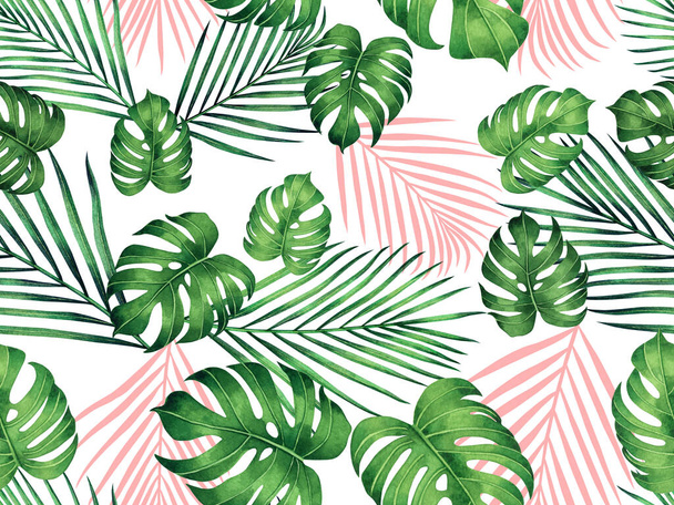 Pittura ad acquerello monstera, foglie di cocco modello senza soluzione di continuità su sfondo bianco. illustrazione disegnata a mano acquerello tropicale stampe esotiche foglia per carta da parati, tessile Hawaii modello giungla aloha. - Foto, immagini