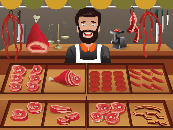 Sprzedawca mięso w rynku farmer - Wektor, obraz