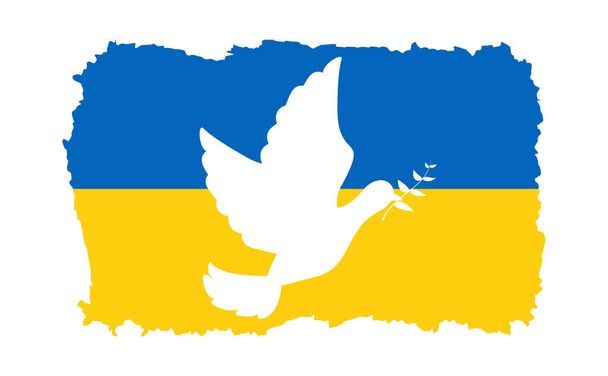 Rezem pela Ucrânia. Parem a guerra. Pomba de paz voadora com símbolo de logotipo de ramo de azeitona. Bandeira da Ucrânia com uma pomba de vetor ícone da paz. - Vetor, Imagem