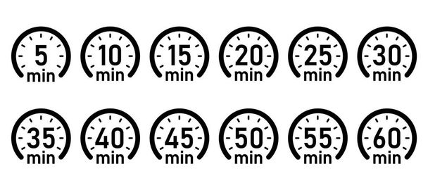 10, 15, 20, 25, 30, 35, 40, 45, 50 min, Timer, Uhr, Isolationssymbolvektor - Vektor, Bild