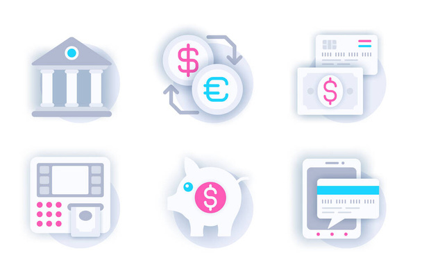 Финансовая веб-концепция 3d бумажные иконки набор. Упаковка плоские пиктограммы банка, обмен валюты, наличные, валюта, интернет-банкинг, банкомат, копилка банка и кредитной карты. Векторные элементы для мобильного приложения и веб-сайта - Вектор,изображение