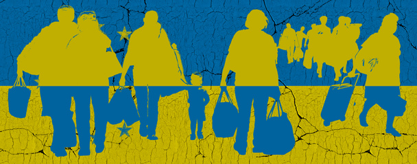 Silhueta de refugiados da Ucrânia no contexto da bandeira ucraniana em todo o mundo. Renderização 3d.                             - Foto, Imagem