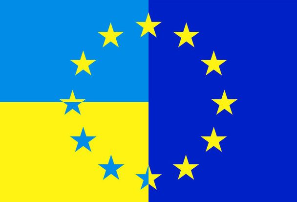 Ukrajna lobogójának kivonatos egyesítése az Európai Unióval. Ukrajna EU-n belüli egységesítésének szimbóluma - Fotó, kép
