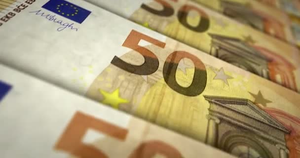 ユーロ50銀行券ループ。50ユーロのお金のテクスチャ。欧州連合における経済、ビジネス、危機、銀行業、不況、債務、金融の概念。ノートを移動します。ループ可能なシームレス3Dアニメーション. - 映像、動画