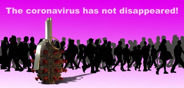 f1 Handgranate mit der Konsistenz des Covid-19 Coronavirus auf dem Hintergrund von Silhouetten von Menschen. Die Aufschrift "Coronavirus ist nicht verschwunden!" ist lila.                               - Foto, Bild