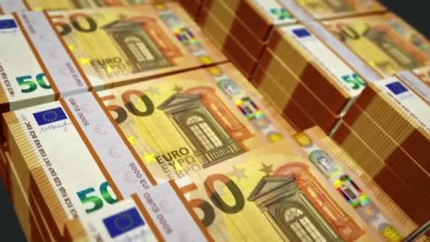 Euro money pack loop 3D-Animation. Schlupflöcher nahtloses Konzept von Inflation, Finanzen, Wirtschaftskrise, Rezession, Banken, Steuern und Schulden in Europa. Bewegung über die 50-Euro-Banknotenbündel. - Filmmaterial, Video