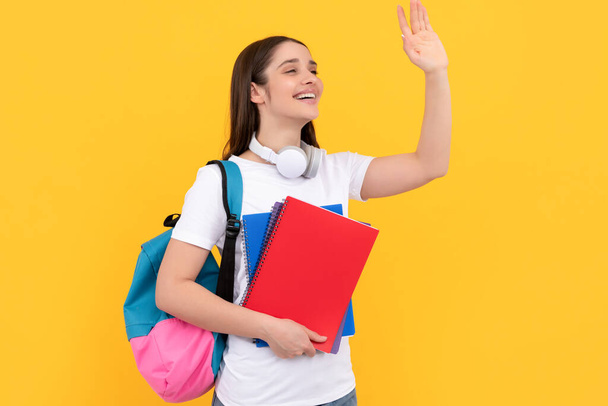 back to school. modern education concept. happy student hold notebook waving hello. - Φωτογραφία, εικόνα