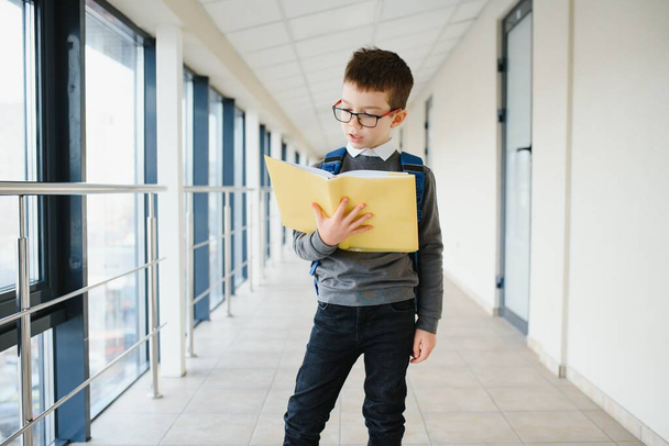 Portrait of happy school student. Smart elementary school kid glasses standing in school. Little child in holding a book. - Fotó, kép