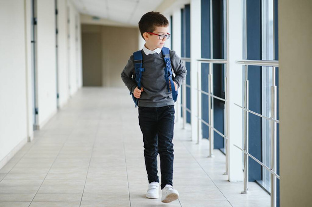 Schoolboy with schoolbag and books in the school. Education concept. Back to school. Schoolkid going to class. Stylish boy with backpack. Boy ready to study. - Foto, imagen