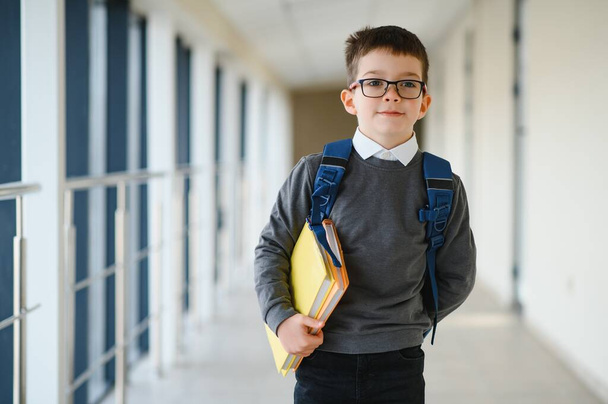 Cute schoolboy with books and a backpack. - Фото, зображення