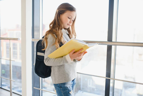 Front view of pretty blonde school girl holding many colorful notes and books. Clever teen girl smiling at camera, standing on corridor of international school. - Fotoğraf, Görsel