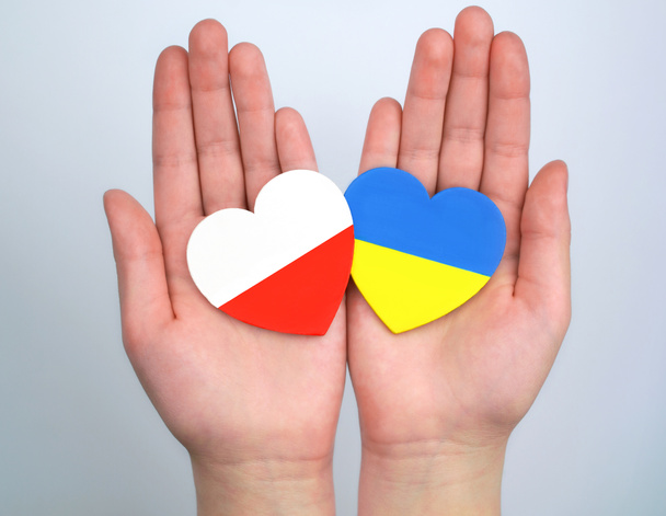 灰色の背景に手にポーランドとウクライナのフラグを持つ2つの心。団結｜ヘルプコンセプト - 写真・画像