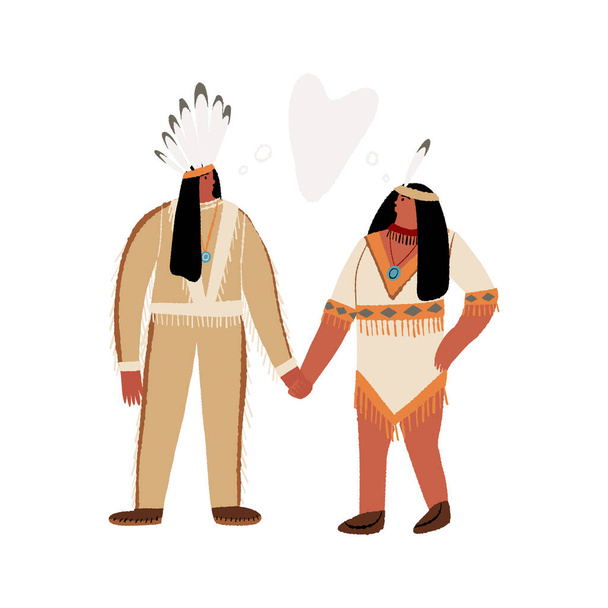 Couple amoureuse amérindien, un homme en costume ethnique tenant la main de sa femme. Peuples autochtones d'Amérique.  - Vecteur, image