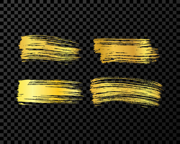 Set of four gold brush strokes. Hand drawn ink spots isolated on dark transparent background. Vector illustration - Vector, Image