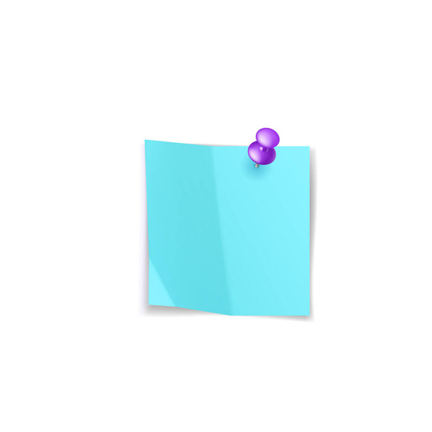 Notizpapier blau mit lila Anstecknadel für Büronotizen, Notizen oder geschäftliche Speicherkommunikation - Vektor, Bild